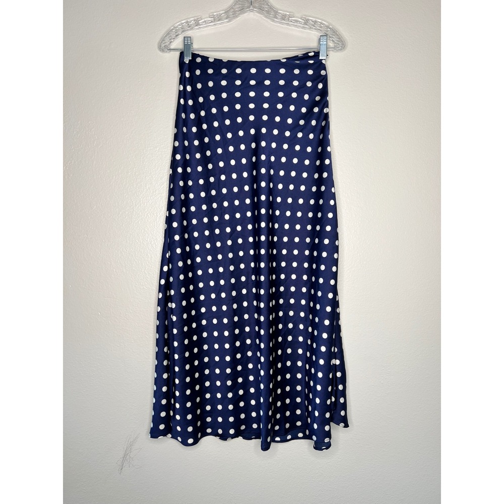 SHEIN Polka Dot Navy Blue Satin Midi Skirt High Waisted Side Zip Size M